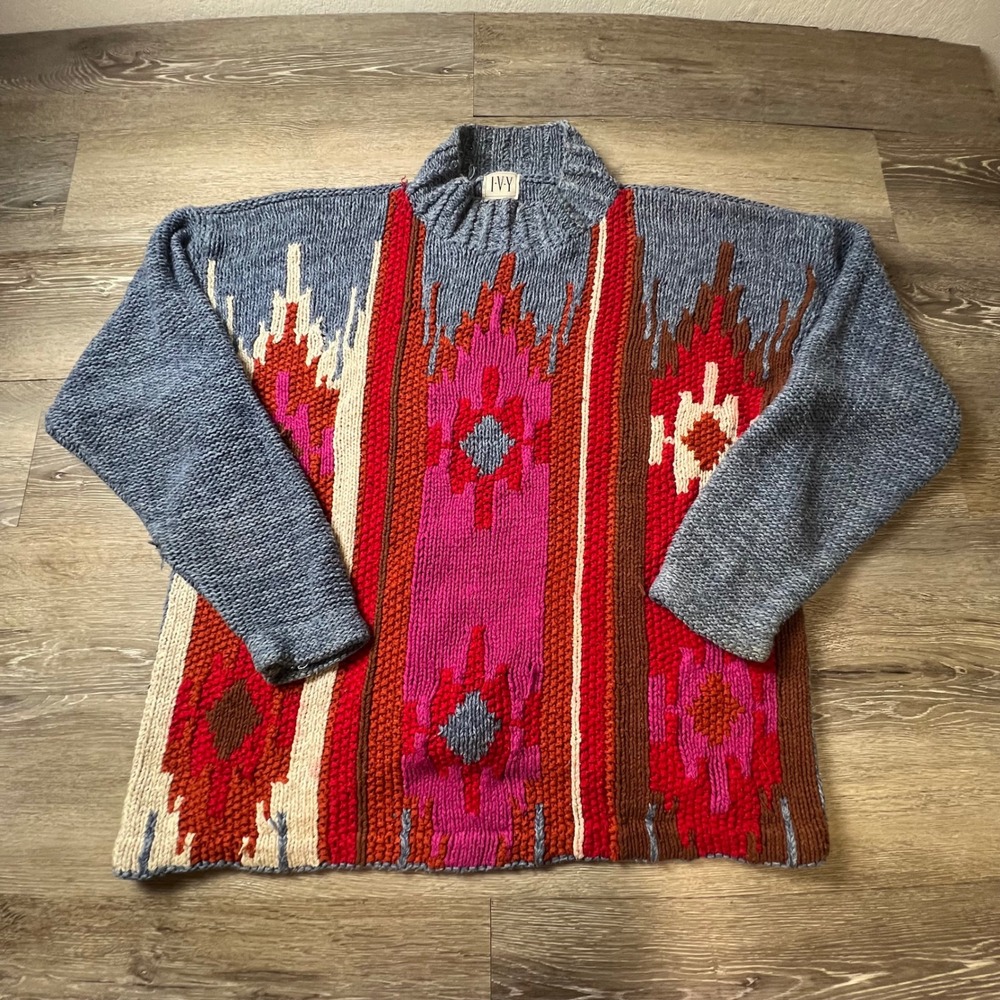 IVY Southwestern Sweater Unisex OS Blue Pink Red Intarsia Mock Neck Boho Knit